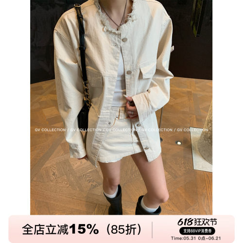 水洗牛仔撕破外套上衣半裙套装