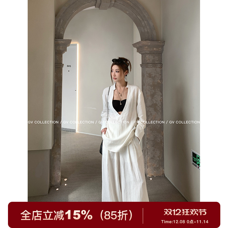 GV大白哥 罗马老钱系  松弛大V领宽松亚麻衬衫阔腿休闲长裤套装女