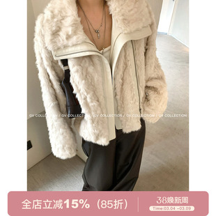 GV大白哥 东京买手 设计感环保毛拼皮翻领夹克外套冬季新款上衣女