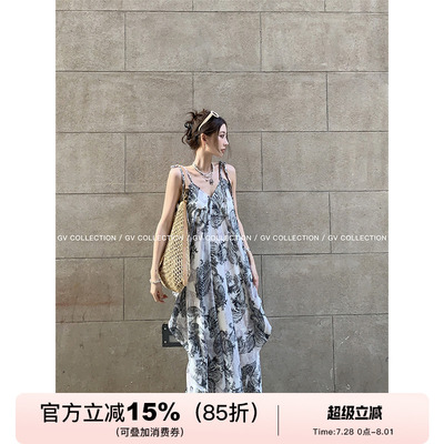 层层解构设计感吊带印花连衣裙