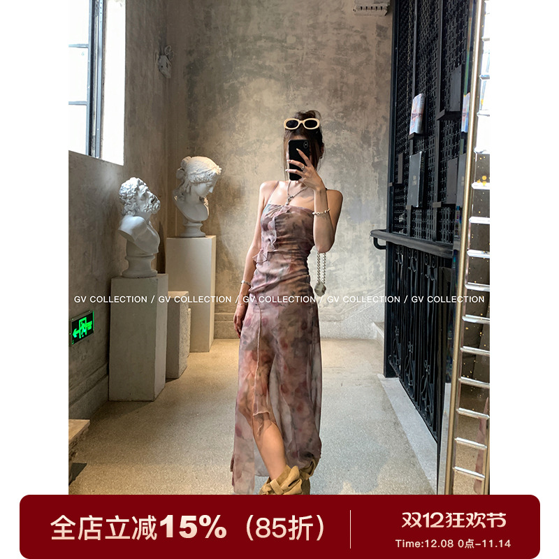 GV大白哥 雾粉仲夏 解构立体花边吊带纱裙优雅风法式连衣裙长裙女