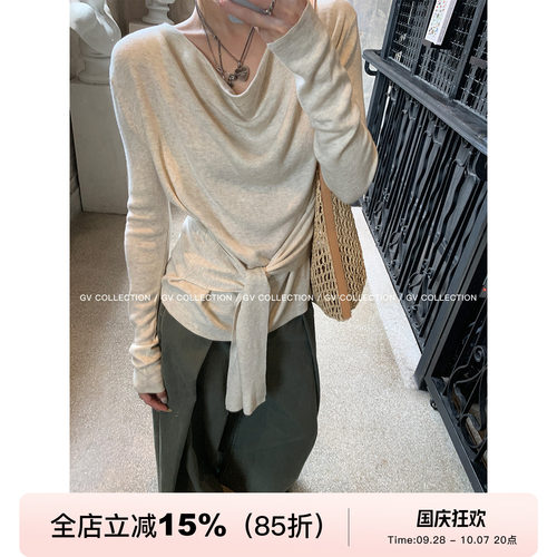 荡领松弛腰带收腰针织上衣