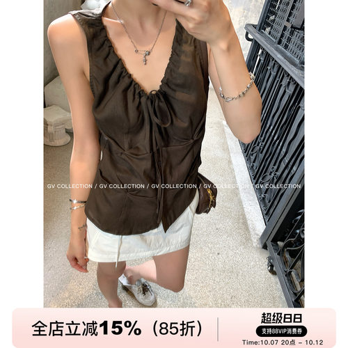 天丝亚麻褶皱设计感抽绳背心无袖