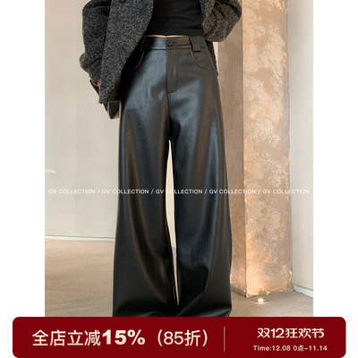直筒松弛宽松pu休闲皮裤