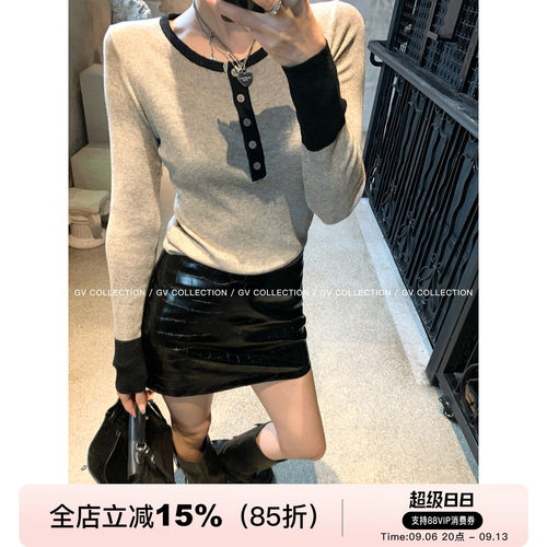 撞色纽扣美丽诺羊毛针织修身上衣