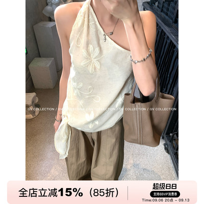 刺绣斜肩挂脖露背系结无袖背心