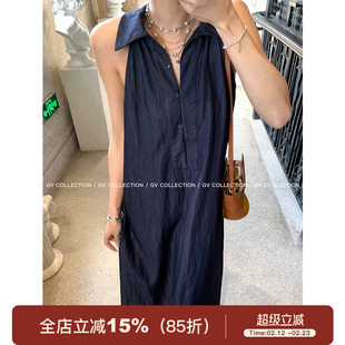 GV大白哥 姐系灵感 挂脖削肩薄款牛仔天丝连衣裙气质法式长裙女夏