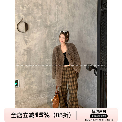GV大白哥 焦糖拿铁 冬季美拉德格纹加厚绒直筒裤宽松休闲长裤女