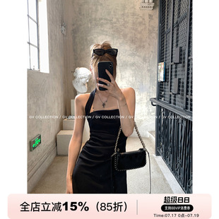 GV大白哥 极简欧辣 褶皱收腰挂脖连衣裙优雅风褶皱平领黑色短裙女