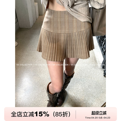 格纹拼接百褶防走光半身裙裙裤