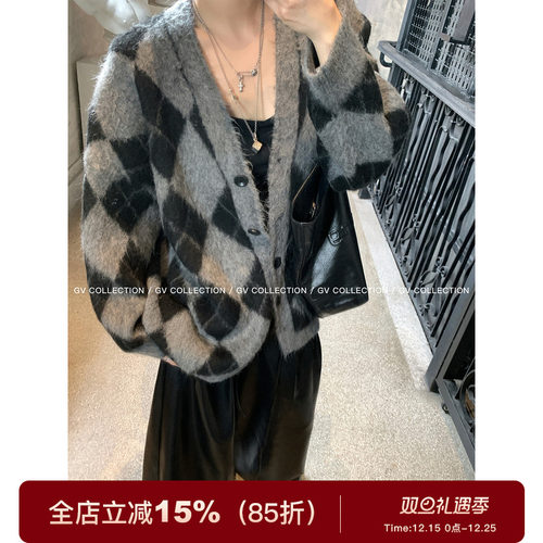 拉毛菱格V领毛衣上衣外套