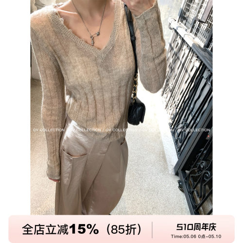 轻透羊毛V领微透撕破针织上衣