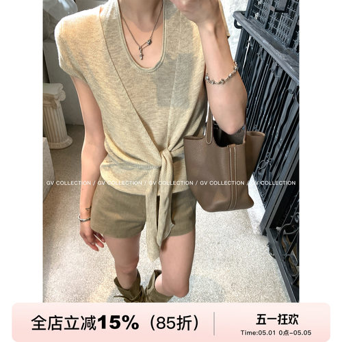 美丽诺羊毛假两件打结短袖上衣