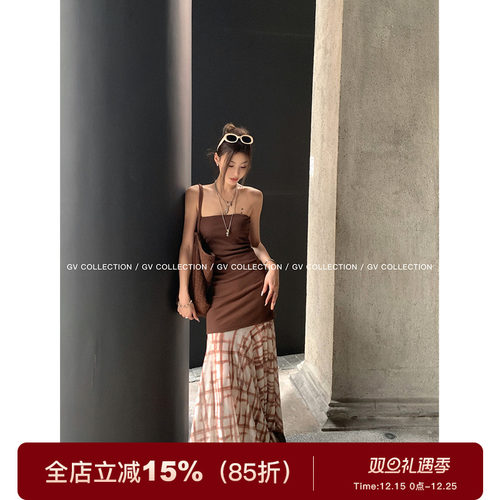 GV大白哥 中古秀场 网纱图案拼接抹胸连衣裙设计层次感法式长裙女