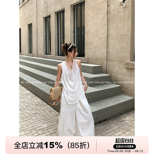 阔腿宽松褶皱白色休闲工装裤_