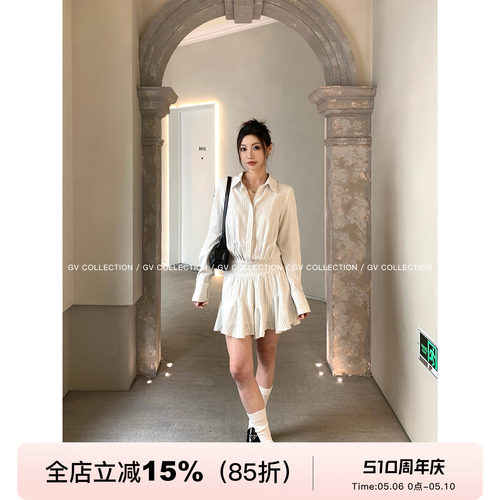 miu系棉麻polo领宽腰百褶连衣裙