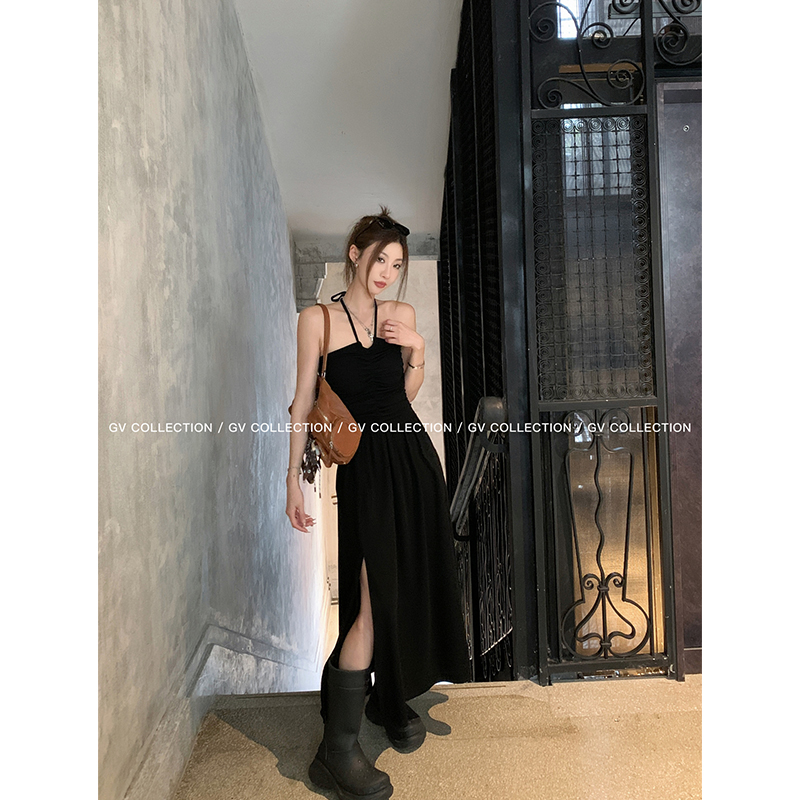 GV大白哥 暗黑Onepiece 细肩带挂脖抹胸褶皱连衣裙性感宴会小黑裙