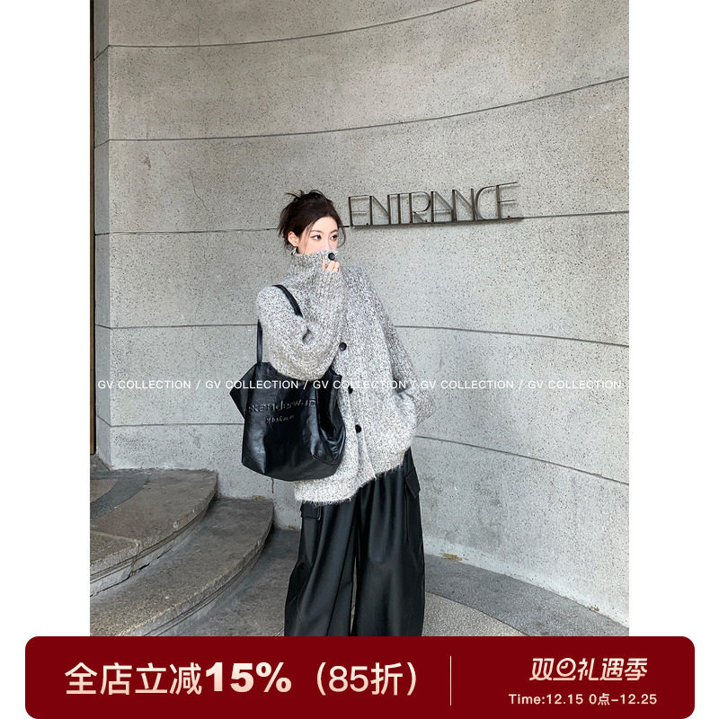 翻领立领混色棒针廓形毛衣