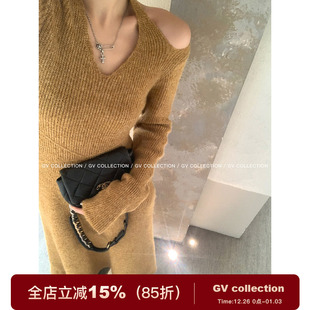 裙子小众设计感女 露肩镂空针织连衣裙秋冬新款 GV大白哥 心机淡人