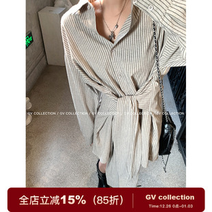 裙女 设计感宽松休闲风连衣裙系带收腰条纹衬衫 GV大白哥 25SS私服