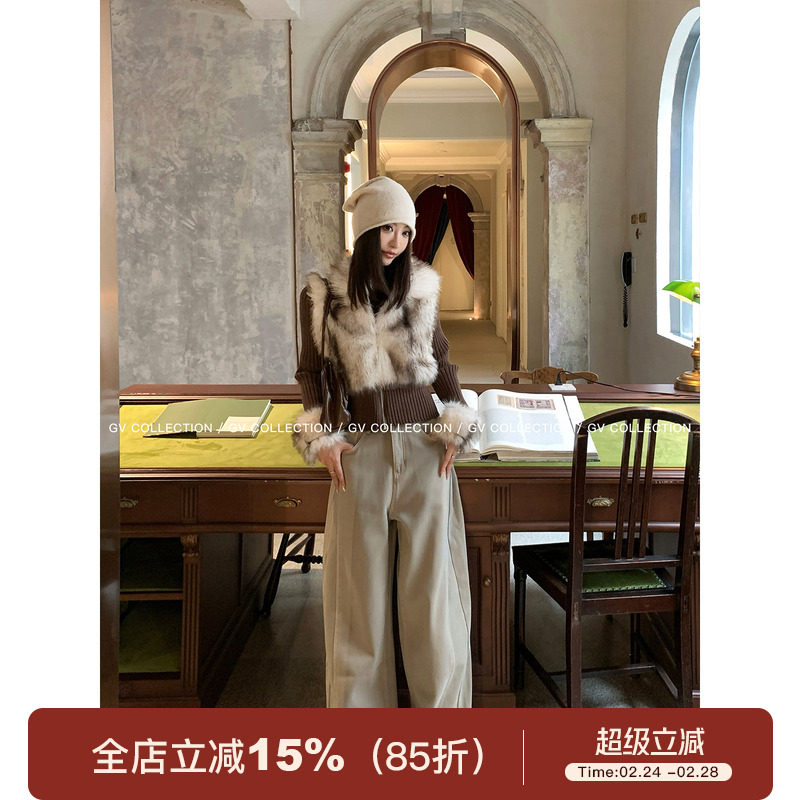 GV大白哥 复古世纪 环保毛拼接针织收腰拉链上衣设计感冬季女新款