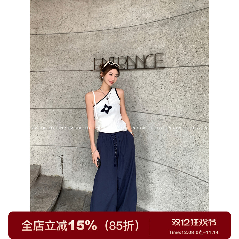 GV大白哥 拉夫夏日 藏蓝抽绳阔腿直筒工装裤运动宽松休闲长裤女