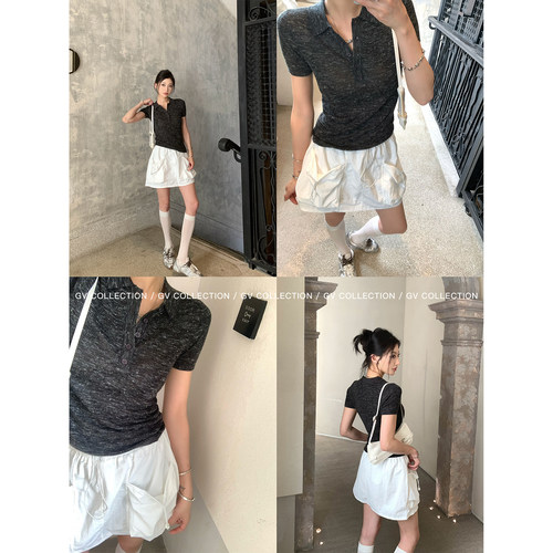 羊毛亚麻polo立领纽扣短袖上衣