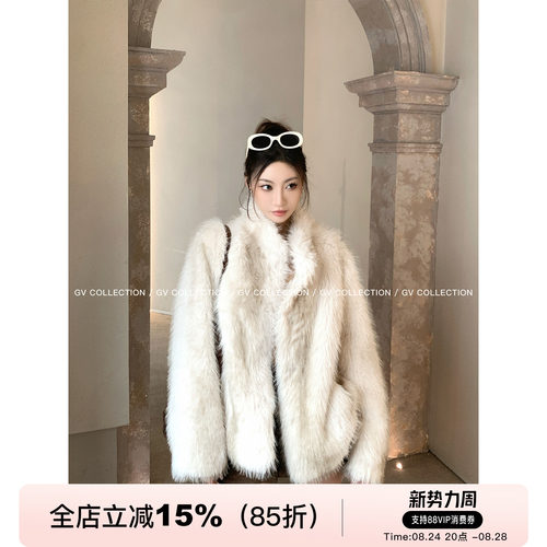 翻领环保仿狐狸毛外套大衣