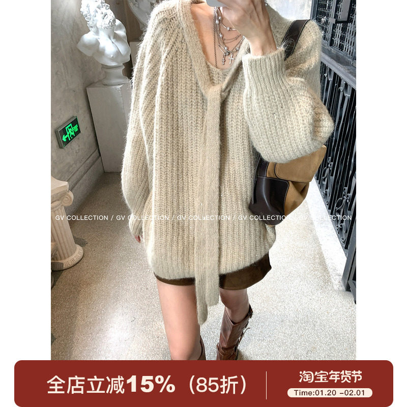 GV大白哥 松弛学院 飘带闪片棒针廓形松弛毛衣上衣冬季新款保暖女,女装/女士精品,毛衣,淘宝优惠券,粉丝福利购,淘宝优惠卷