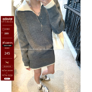 GV大白哥 简约画报 撞色polo领棒针上衣半身裙套装秋季穿搭新款女