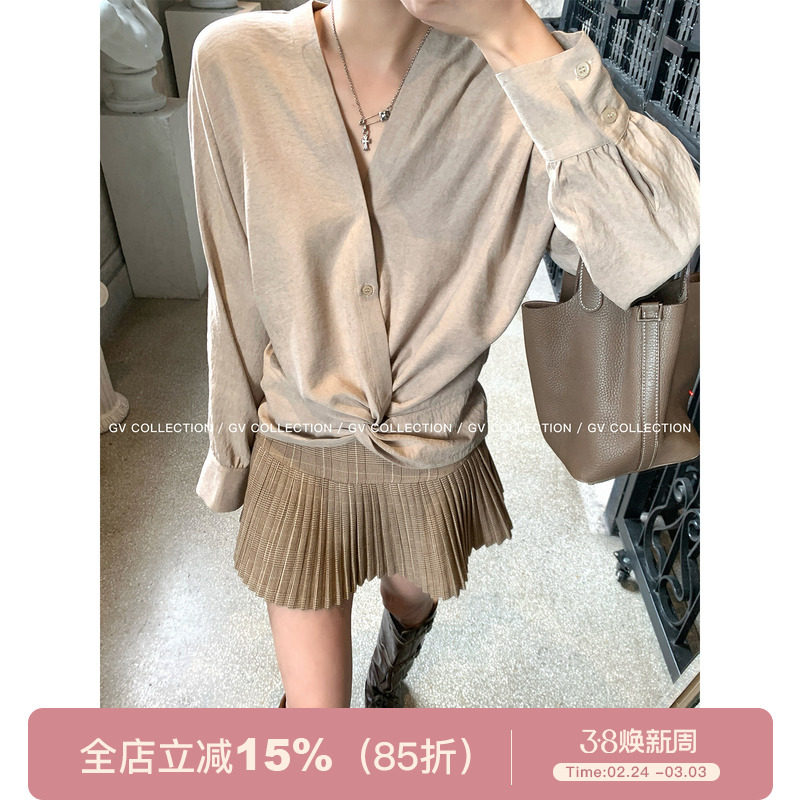 GV大白哥 高知感 V领褶皱收腰衬衫上衣春夏新款百搭气质休闲针织