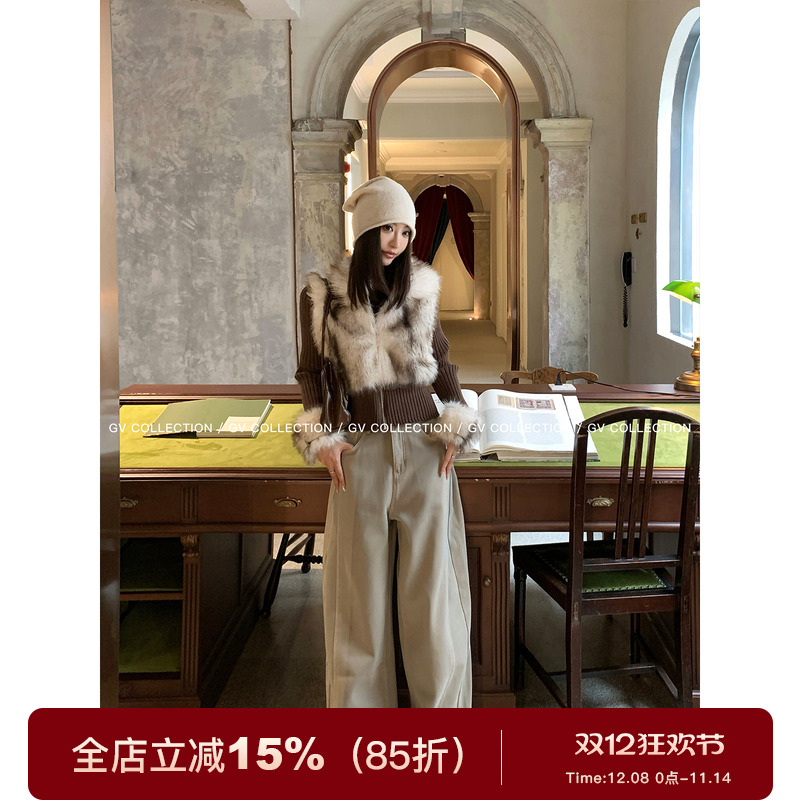 GV大白哥 复古世纪 环保毛拼接针织收腰拉链上衣设计感冬季女新款