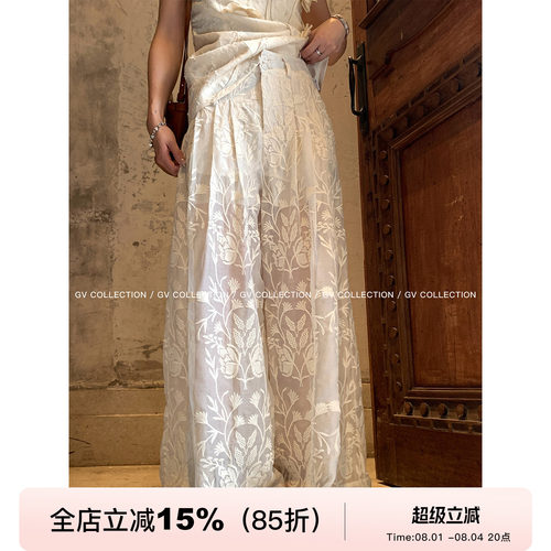 重工双层立体刺绣度假阔腿休闲裤