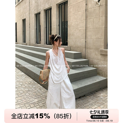 阔腿宽松褶皱白色休闲工装裤_