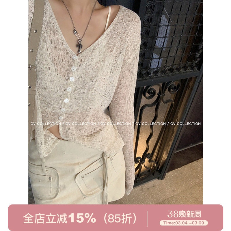 GV大白哥 透气清冷 天丝亚麻针织防晒镂空纽扣开衫微透V领上衣女 - GV Collection大白哥出品