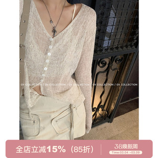 GV大白哥 透气清冷 天丝亚麻针织防晒镂空纽扣开衫微透V领上衣女