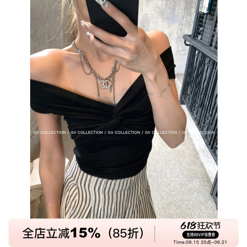 GV大白哥 极简直角肩 V型一字肩纽结棉感上衣性感短袖修身小衫女