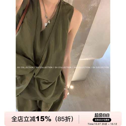 立体纽结假两件无袖上衣
