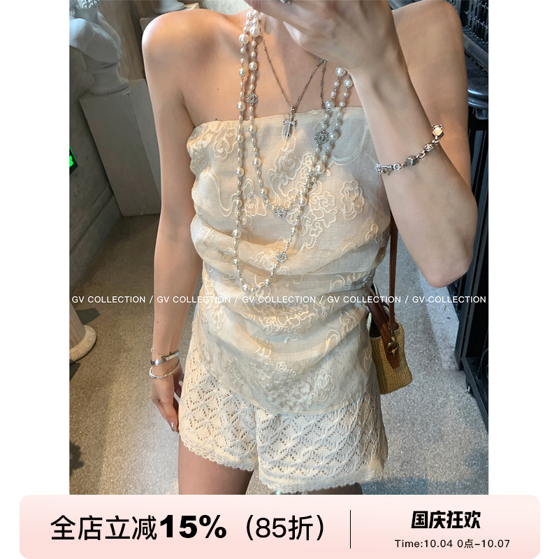 GV大白哥 重工刺绣 蕾丝双层祥云纹捏褶抹胸短款辣妹风休闲上衣女