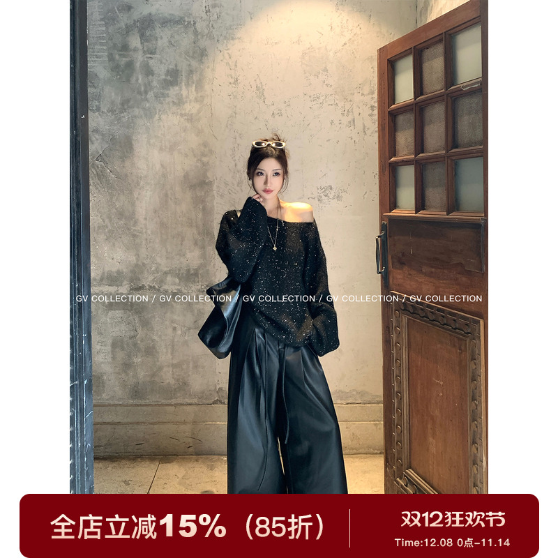 肌理松弛阔腿仿羊皮抽绳拖地皮裤