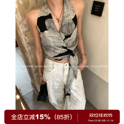 收腰图案V领侧打结上衣背心