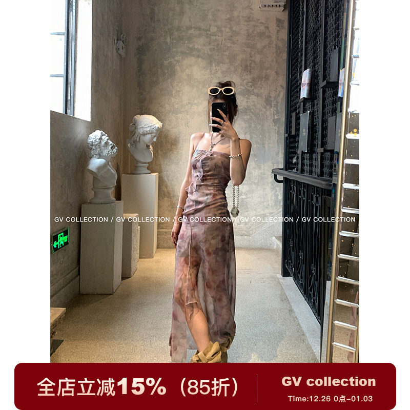 GV大白哥 雾粉仲夏 解构立体花边吊带纱裙优雅风法式连衣裙长裙女