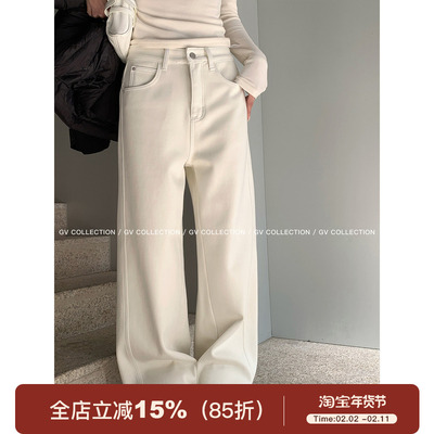 直筒加绒加厚柔软松弛感牛仔裤