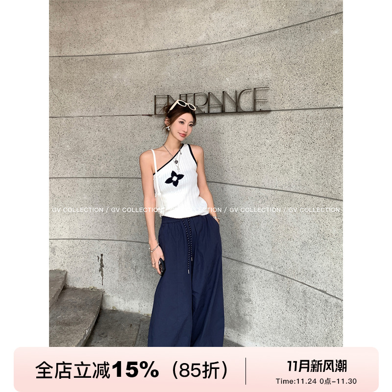 GV大白哥 拉夫夏日 藏蓝抽绳阔腿直筒工装裤运动宽松休闲长裤女