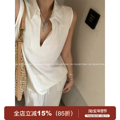 GV大白哥 老钱taste 白色翻领v领无袖上衣衬衫长裤简约棉麻套装女