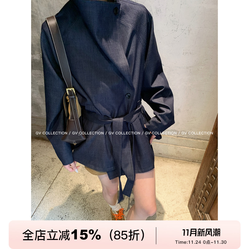 牛仔肌理翻领廓形风衣外套