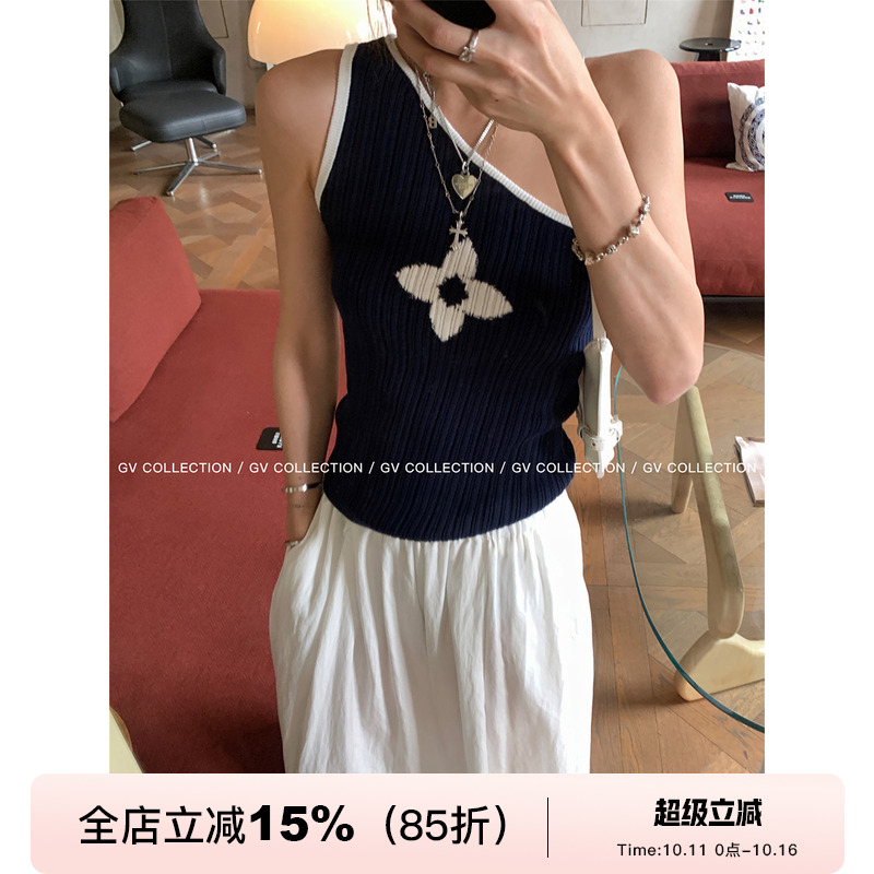 GV大白哥 高品私服 斜肩撞色图案针织上衣紧身无袖小背心女夏季