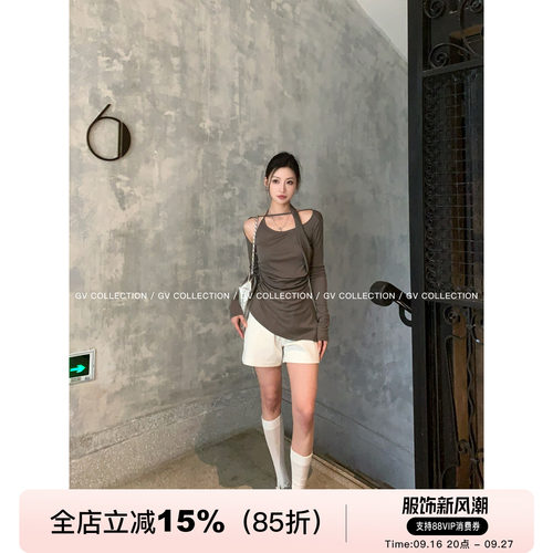 挂脖莱赛尔弹力修身长袖上衣T恤