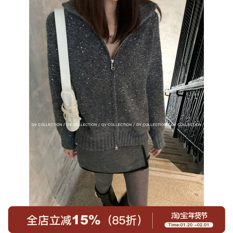 GV大白哥 星闪微光 立领羊毛亮片针织拉链毛衣开衫秋冬新款女,女装/女士精品,毛针织衫,淘宝优惠券,粉丝福利购,淘宝优惠卷