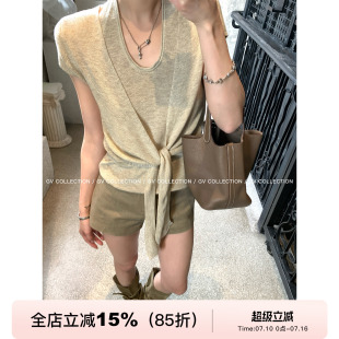 GV大白哥 松软夏日 美丽诺羊毛假两件打结短袖上衣春夏新款百搭女